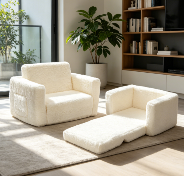 Flip Out Sherpa 2 in 1 Convertible Sofa to Lounger for Kids, Cream