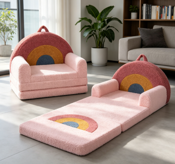 Kids Couch, 2 in 1 Soft Toddler Couch Fold Out, Comfy Toddler Chair, Convertible Sofa to Lounger, Playroom Furniture, Beige